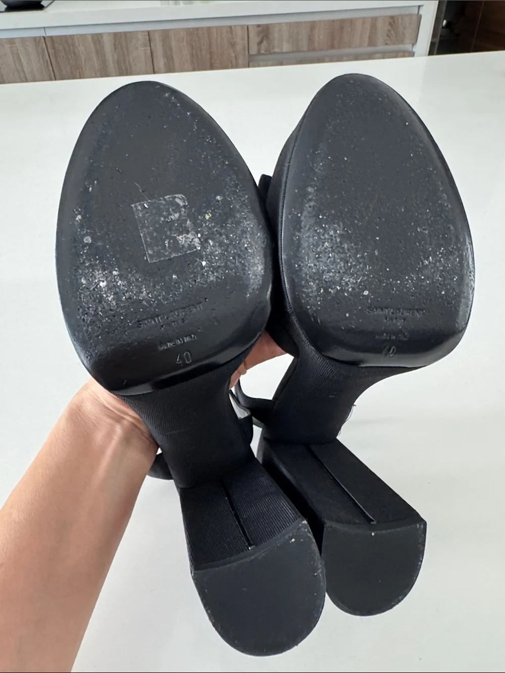 Saint Laurent Black Knotted Platform Heels with Gold Buckles
